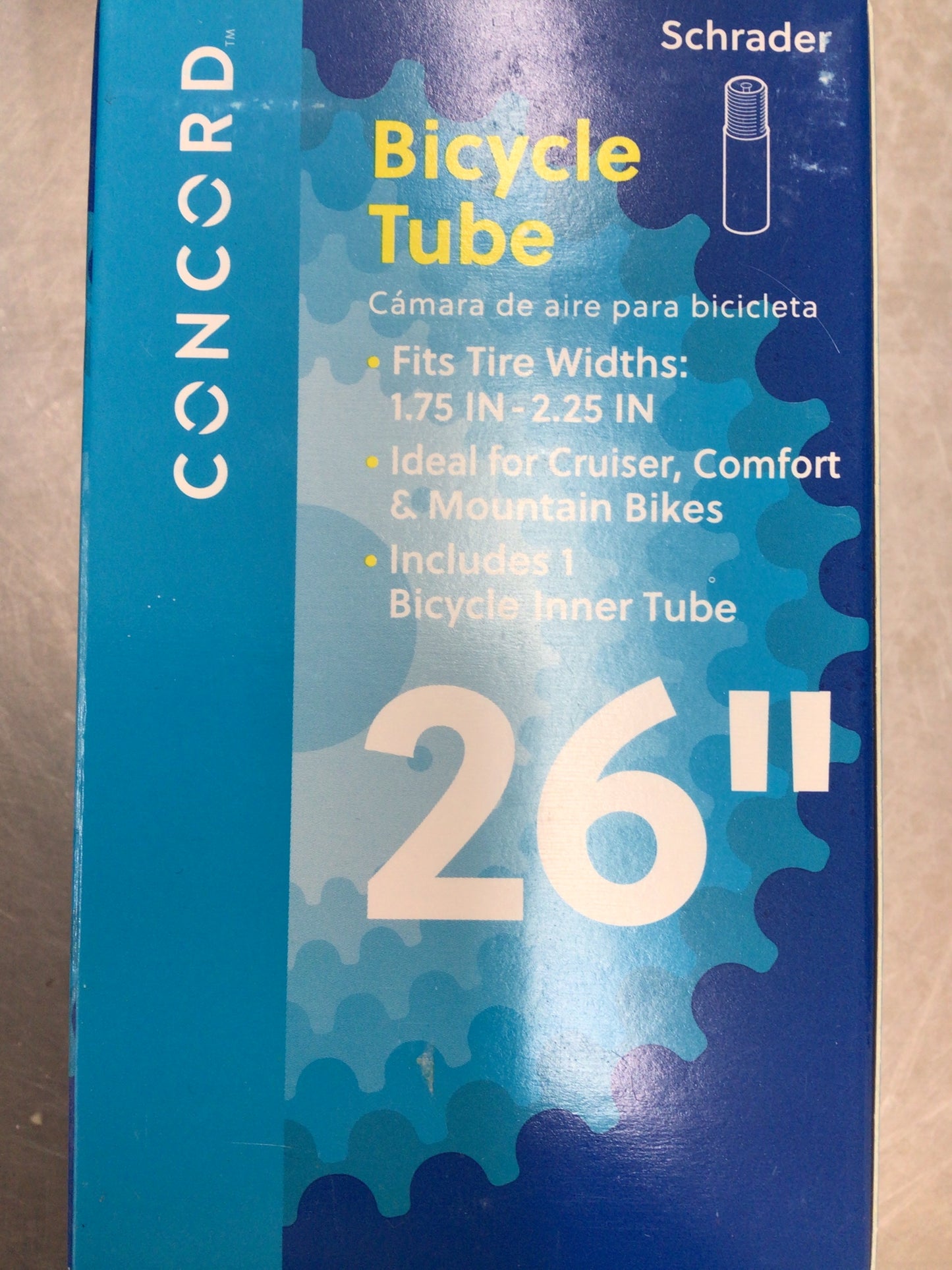 Replacement bicycle inner tube, 26” , schrader valve, width 1.75-2.25in