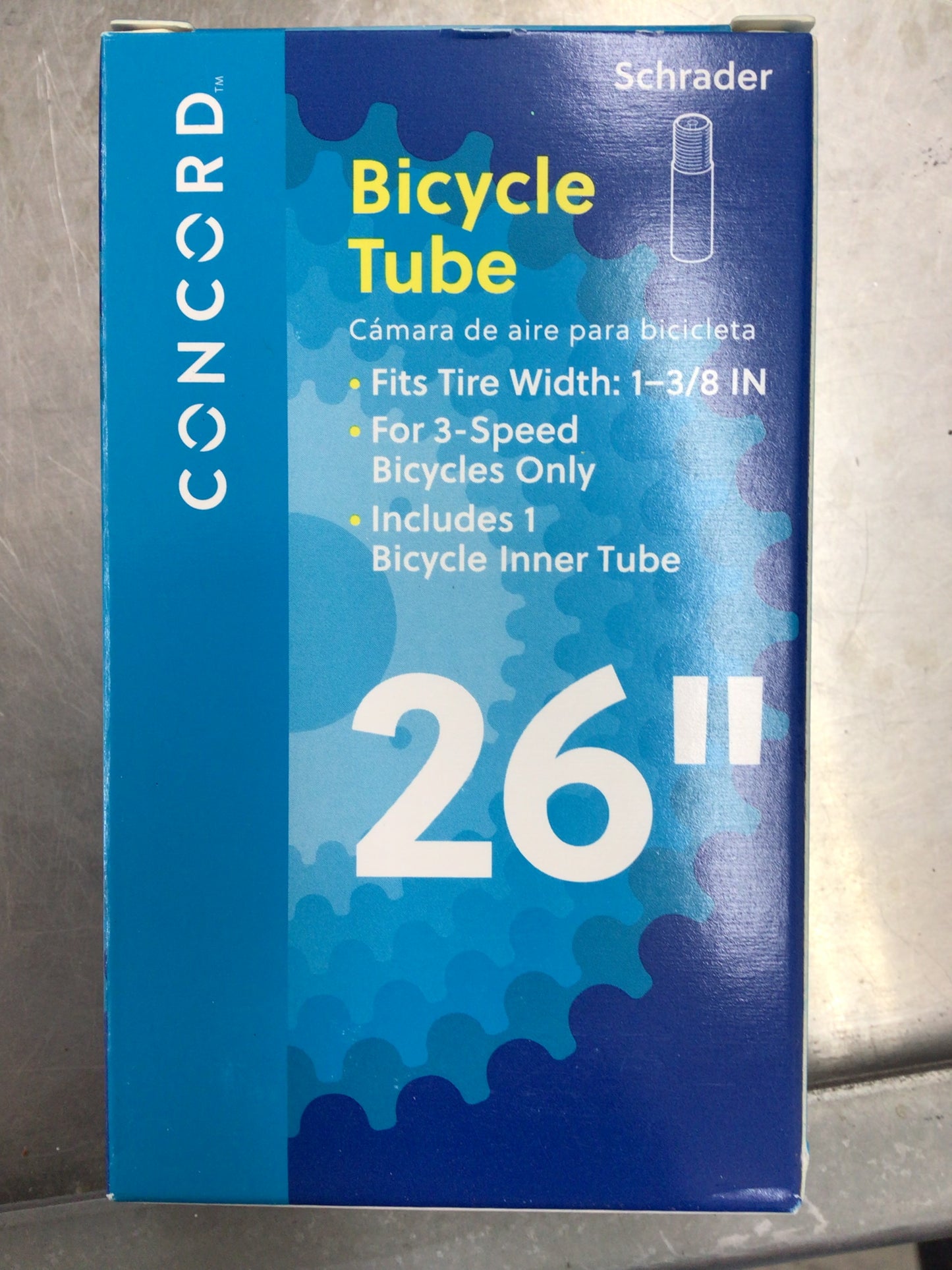 Replacement bicycle inner tube, 26” , schrader valve, width 1-3/8in